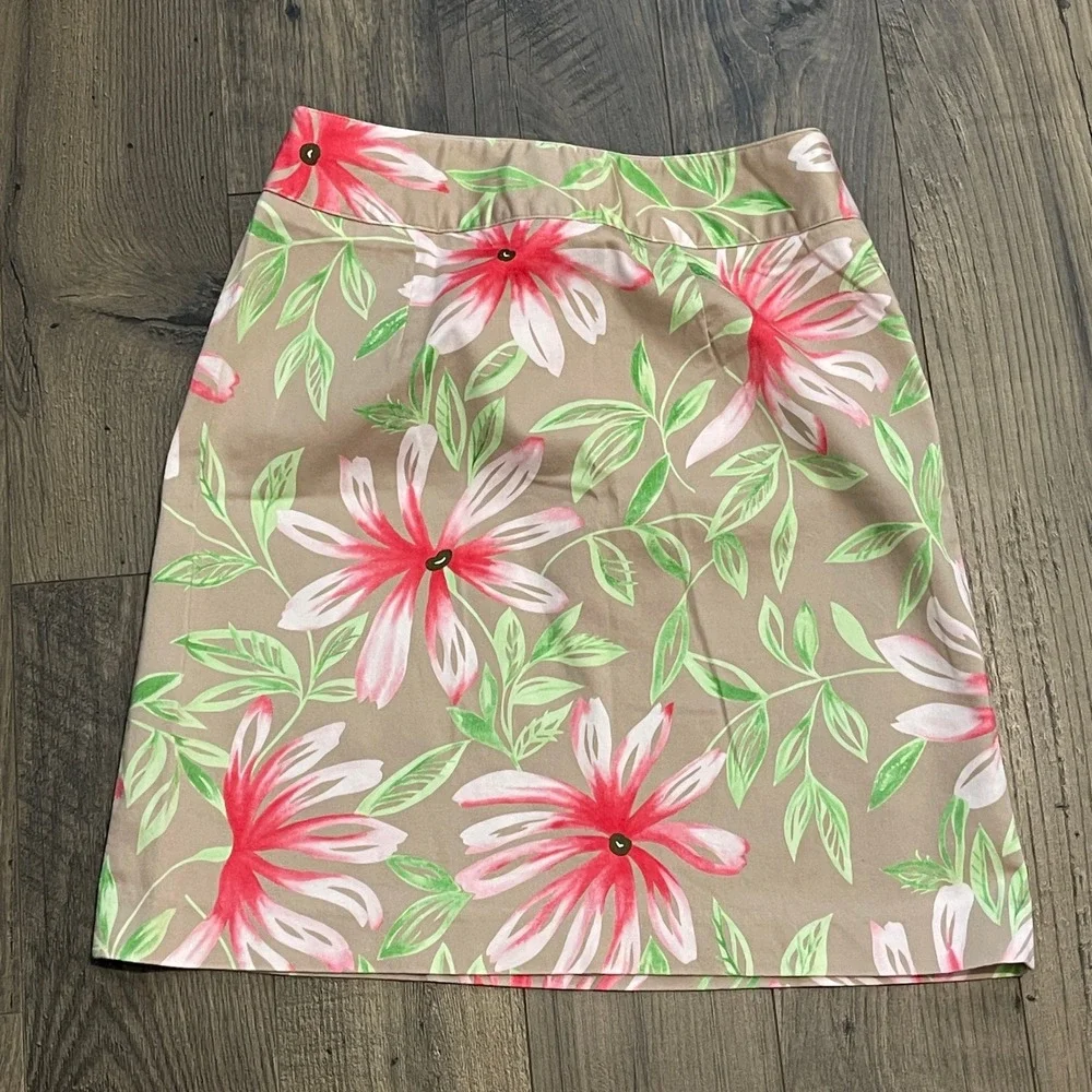 Talbots Petites Floral A-Line Skirt Tan Pink Green Cotton Stretch Size 4P USA